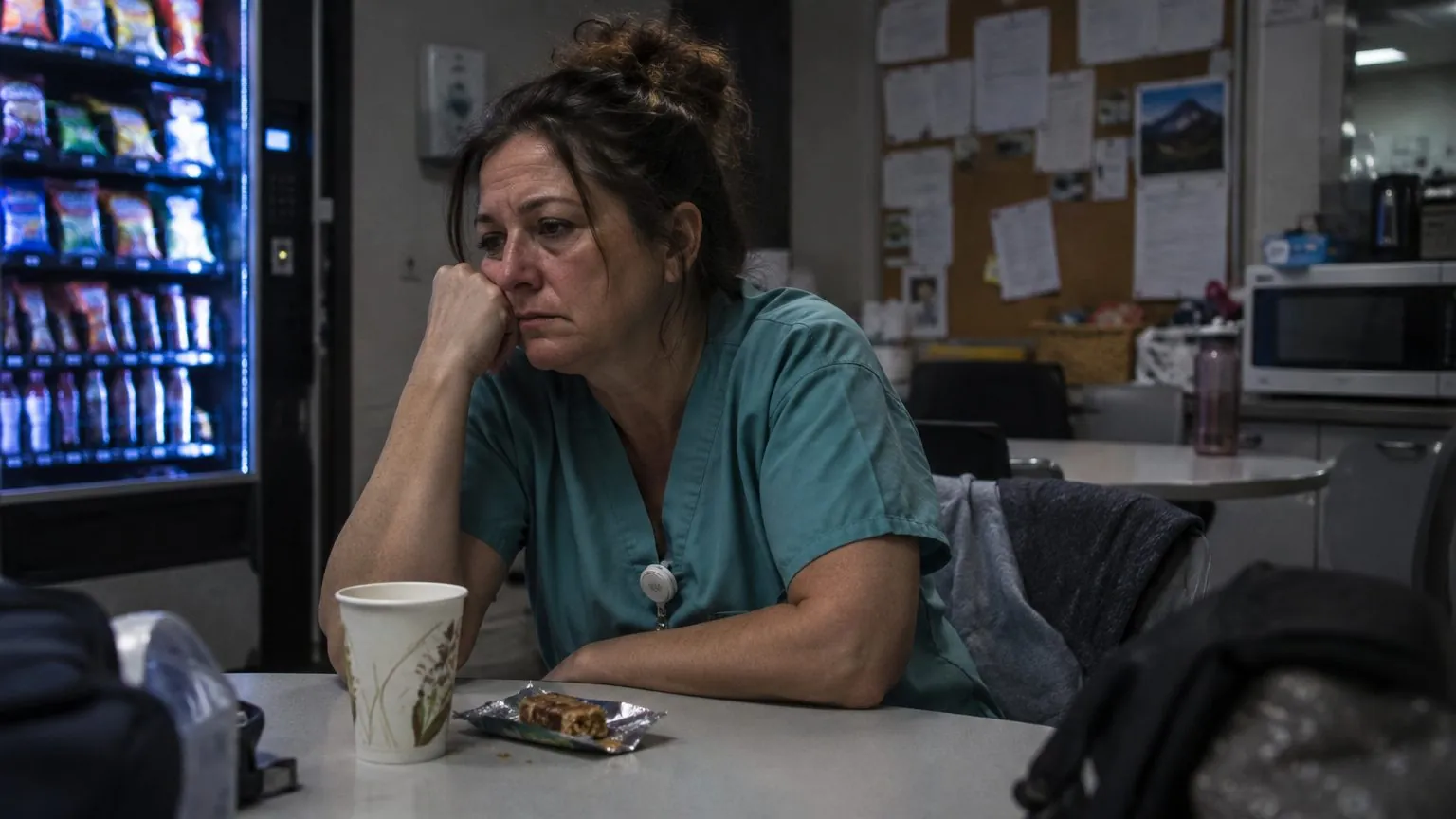 A nurse sitting alone in a hospital break room at night, looking out at the city