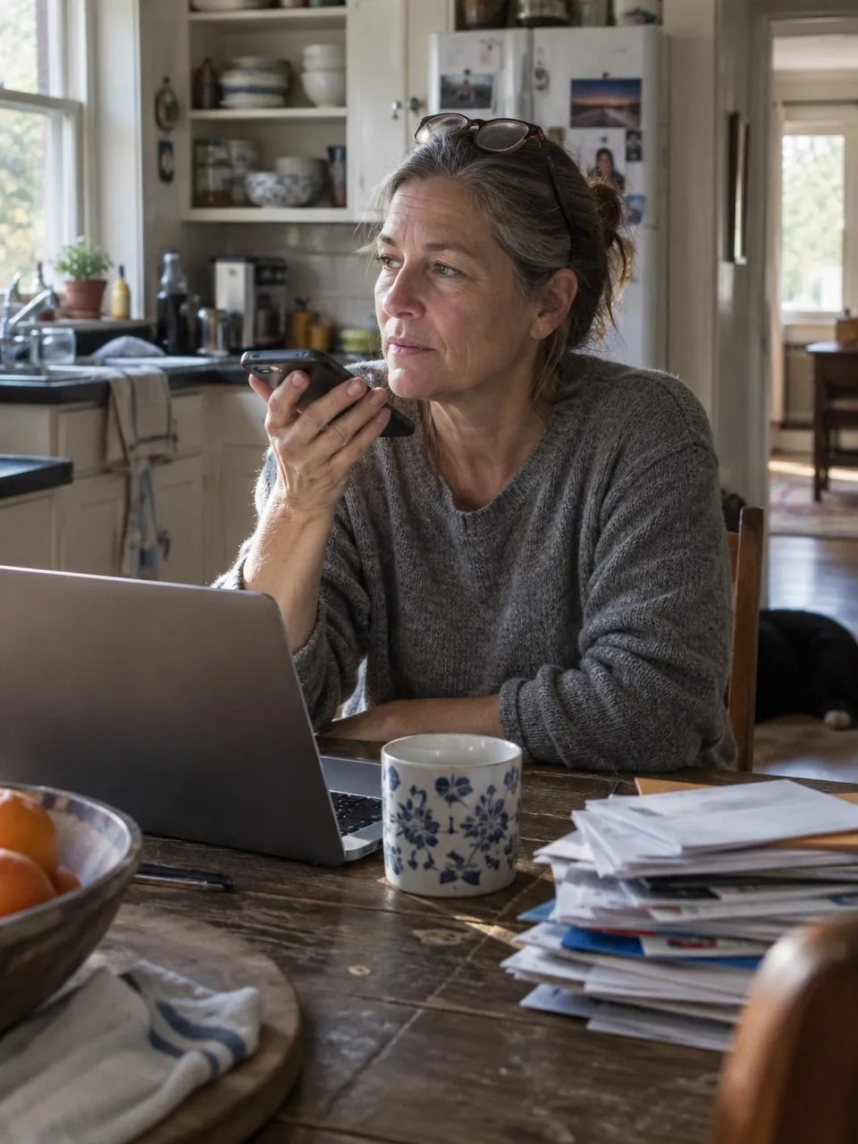 A healthcare professional recording a voice note at her kitchen table at sunrise