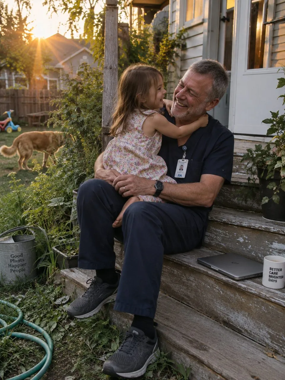 A clinician on his porch at golden hour as his grandchild runs toward him