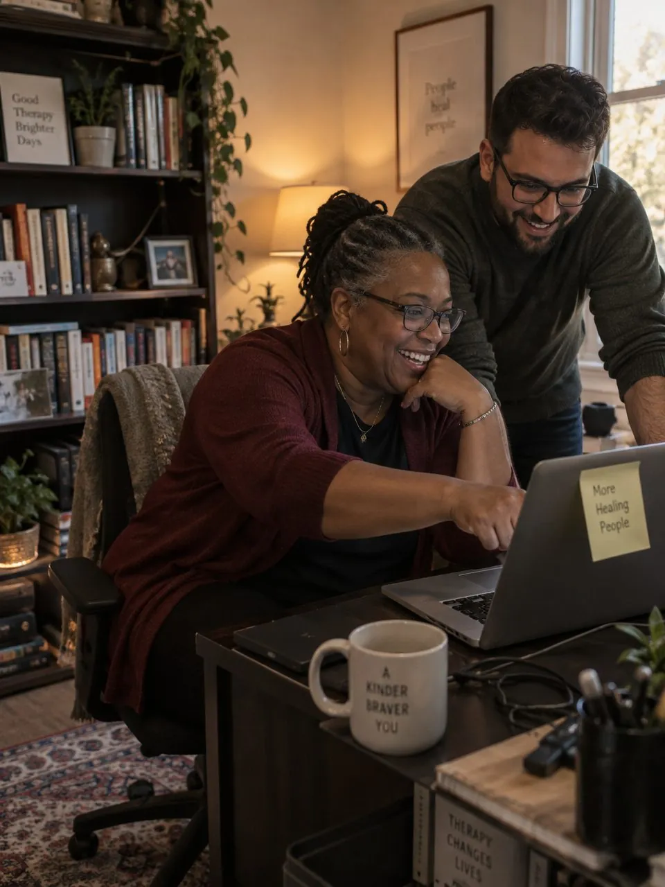 A therapist and a coach reviewing her new website together on a laptop
